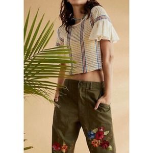 Free People Cream and Blue Knit Sweater